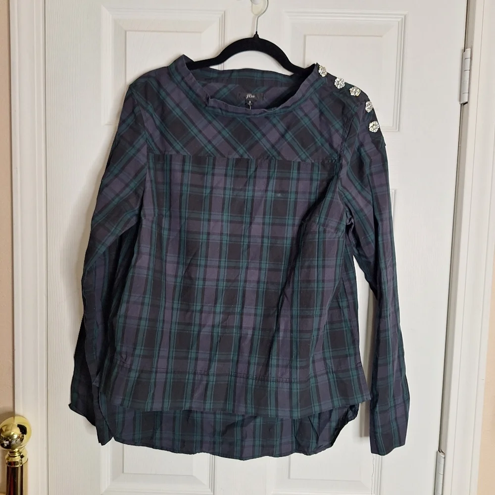 J. Crew Jewel Button Funnel Neck Plaid Shirt Size 8